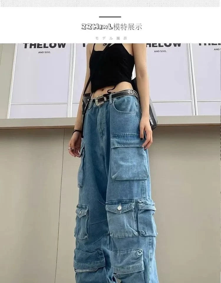 Y2K Style Black Denim 6 Pocket Cargo Jean pants Casual Streetwear Wild Leg Pants Outfit For Women