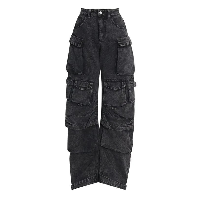 Y2K Style Black Denim 6 Pocket Cargo Jean pants Casual Streetwear Wild Leg Pants Outfit For Women