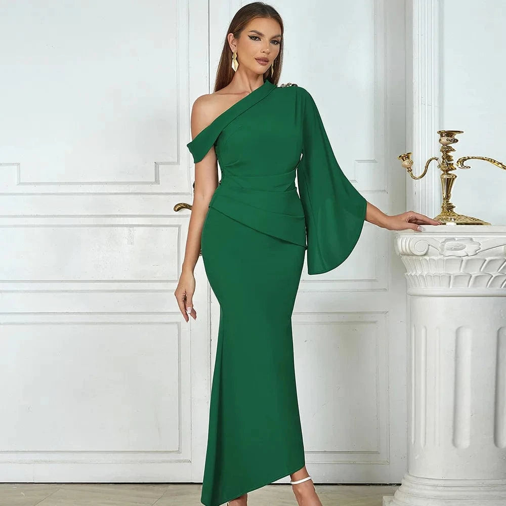 YBH0331 Hot Sale Single Shoulder Elegant Evening Dress Fashion Party High Quality Casual Slim Woman Dresses Green Pleat Vestidos