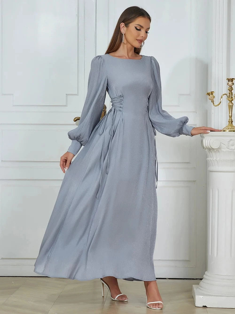 YBH0341 New Round Neck Puff Sleeve Elegant Evening Dress Fashion Casual Party Autumn Woman Dresses High Quality Long Vestidos