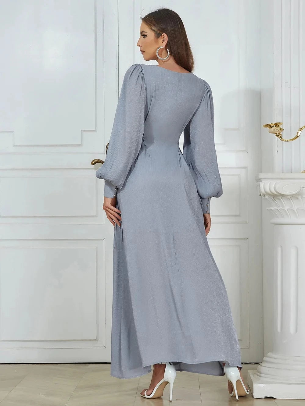 YBH0341 New Round Neck Puff Sleeve Elegant Evening Dress Fashion Casual Party Autumn Woman Dresses High Quality Long Vestidos