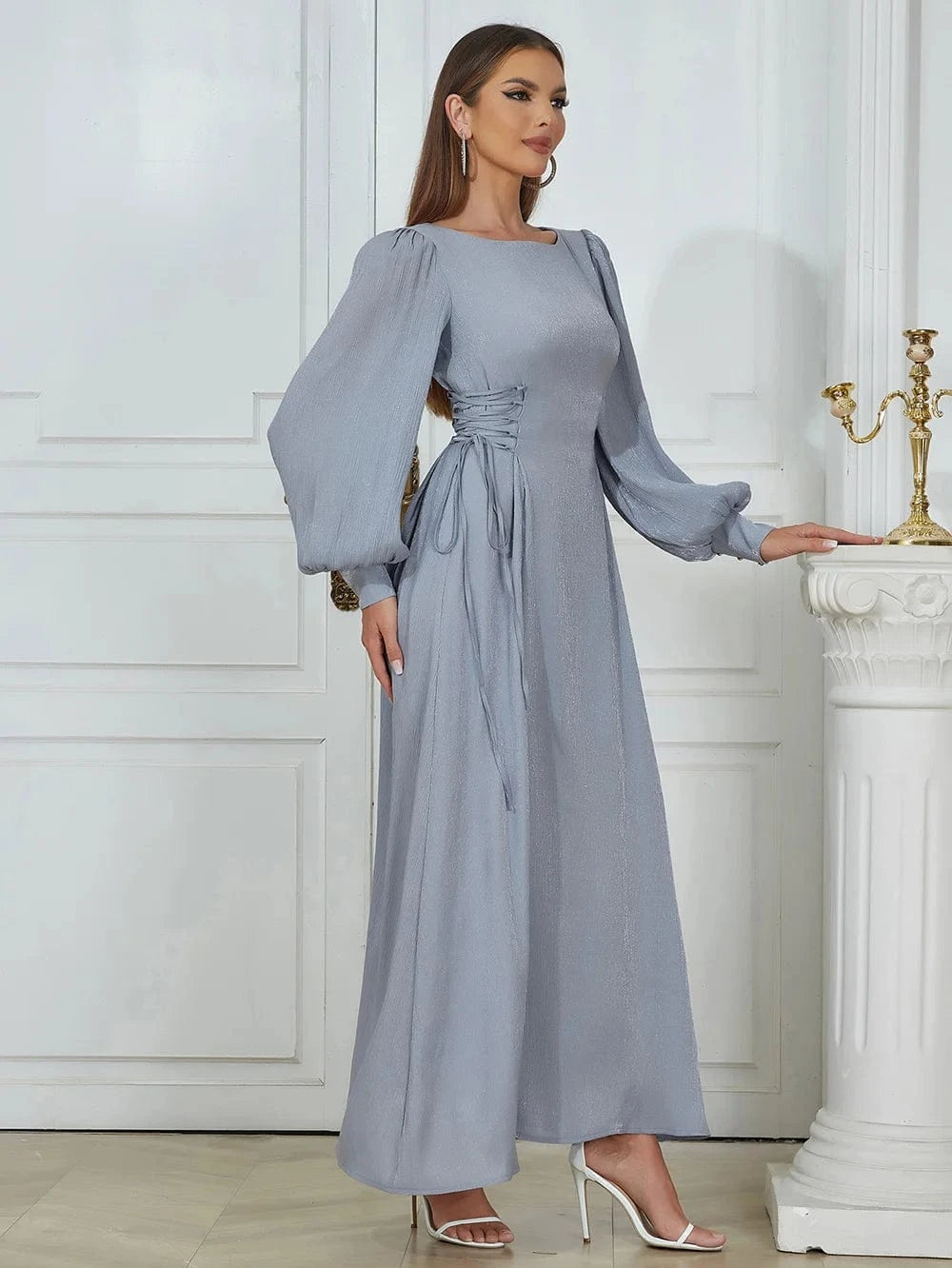 YBH0341 New Round Neck Puff Sleeve Elegant Evening Dress Fashion Casual Party Autumn Woman Dresses High Quality Long Vestidos