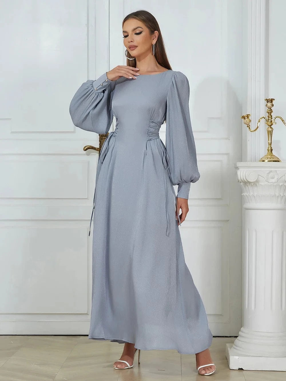 YBH0341 New Round Neck Puff Sleeve Elegant Evening Dress Fashion Casual Party Autumn Woman Dresses High Quality Long Vestidos