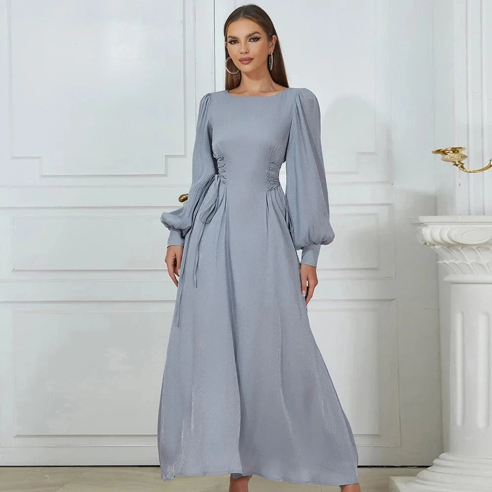 YBH0341 New Round Neck Puff Sleeve Elegant Evening Dress Fashion Casual Party Autumn Woman Dresses High Quality Long Vestidos