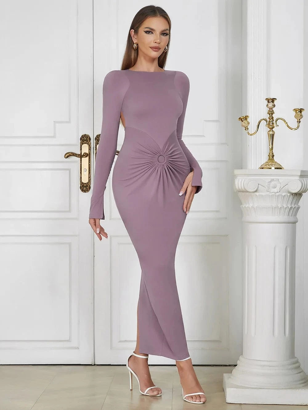 YBH0354 Fashion Woman Dress Round Neck Long Sleeve Pleat Elegant Evening Dresses Backless Sexy High Quality Party Woman Vestidos