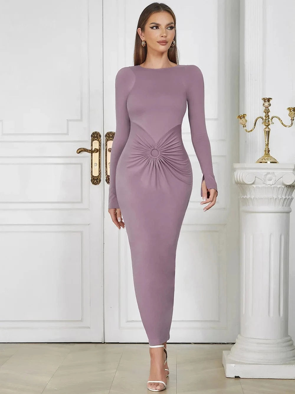 YBH0354 Fashion Woman Dress Round Neck Long Sleeve Pleat Elegant Evening Dresses Backless Sexy High Quality Party Woman Vestidos