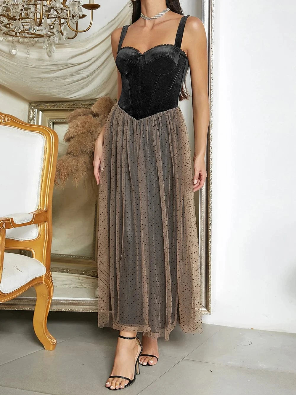 YBH0369 Fashion Spaghetti Strap Gauze Black Velvet Elegant Wedding Dress High Quality Evening Dresses Party Vestidos for Woman