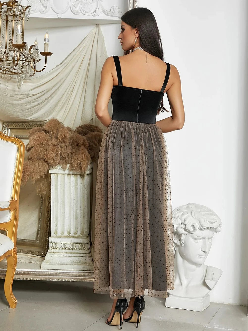 YBH0369 Fashion Spaghetti Strap Gauze Black Velvet Elegant Wedding Dress High Quality Evening Dresses Party Vestidos for Woman