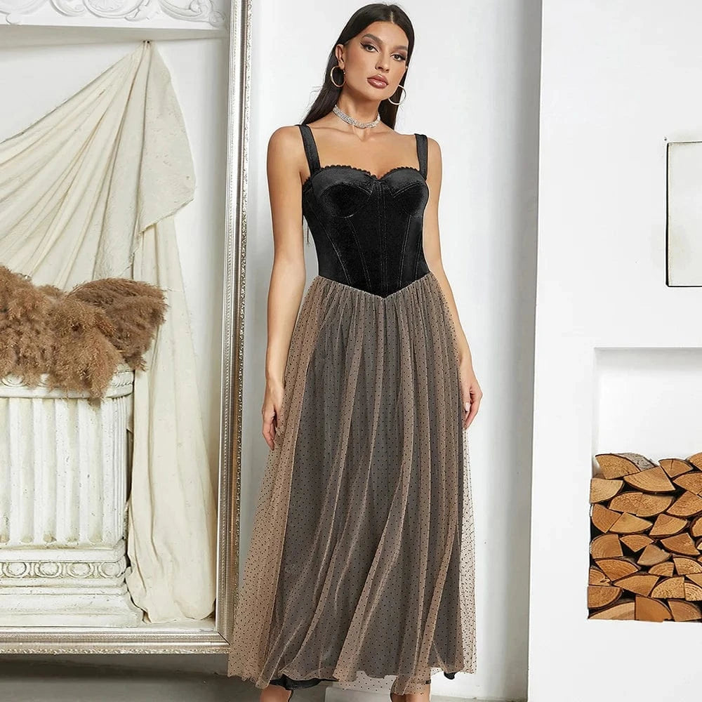 YBH0369 Fashion Spaghetti Strap Gauze Black Velvet Elegant Wedding Dress High Quality Evening Dresses Party Vestidos for Woman