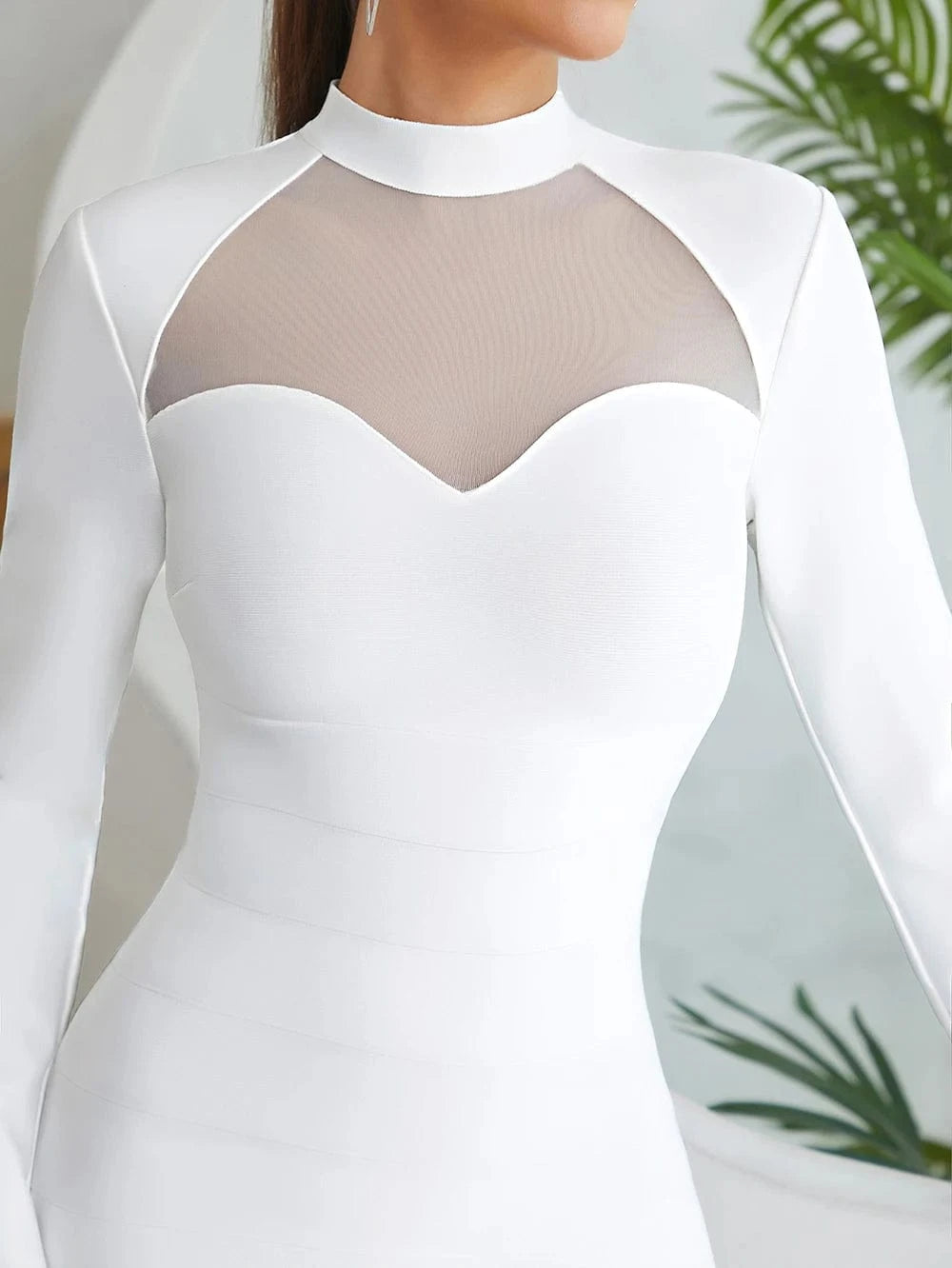 YDH0039 New Long Sleeve Elegant Bandage Dress Gauze Round Neck Evening Dresses Fashion Party Autumn White Bodycon Woman Vestidos