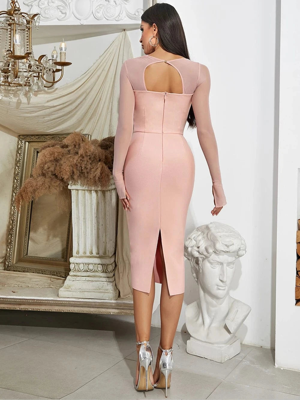 YDH0136 New Long Sleeve Bandage Dress Gauze Hollow out Sexy Bodycon Evening Dresses Fashion Party Casual Midi Vestidos for Woman