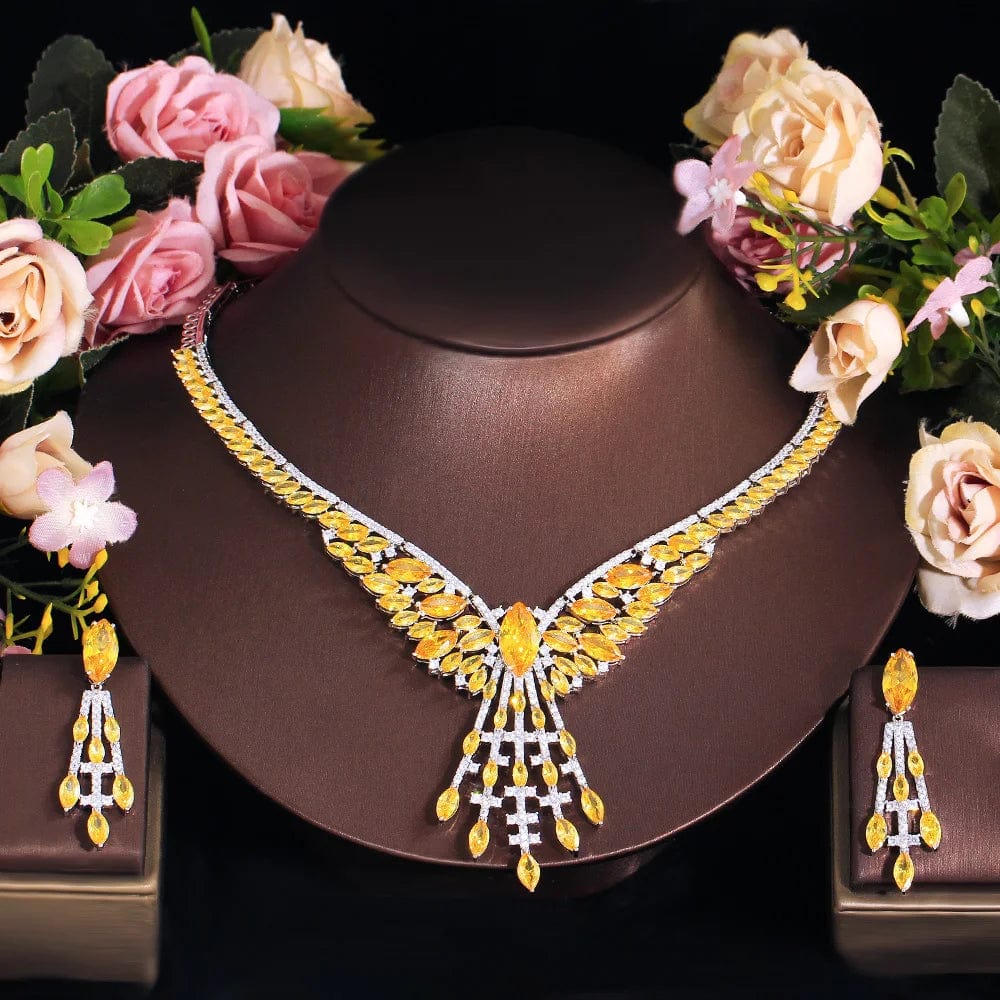 Yellow-T0911-Huang 2pcs Gorgeous Perfect Cut Yellow Cubic Zirconia Luxury Women Party Wedding Costume Necklace and Earrings Bridal Jewelry Sets