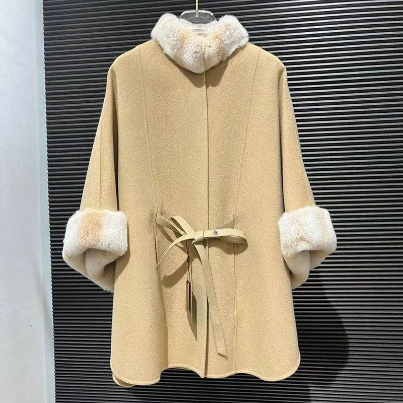Yellow Winter Rex Rabbit Fur Collar Cape Soft Wool Shawl Elegant Women Designer Poncho