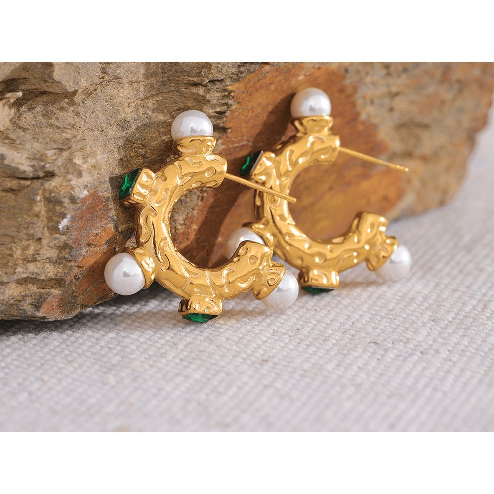 YH073A JINYOU 073 Stainless Steel Imitation Pearl Green Cubic Zirconia Hoop Earrings for Women 18K PVD Plated Vintage Fashion Jewelry