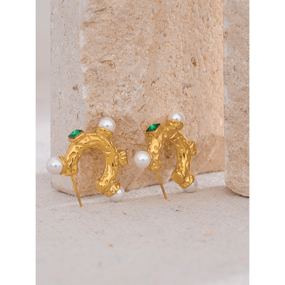 YH073A JINYOU 073 Stainless Steel Imitation Pearl Green Cubic Zirconia Hoop Earrings for Women 18K PVD Plated Vintage Fashion Jewelry