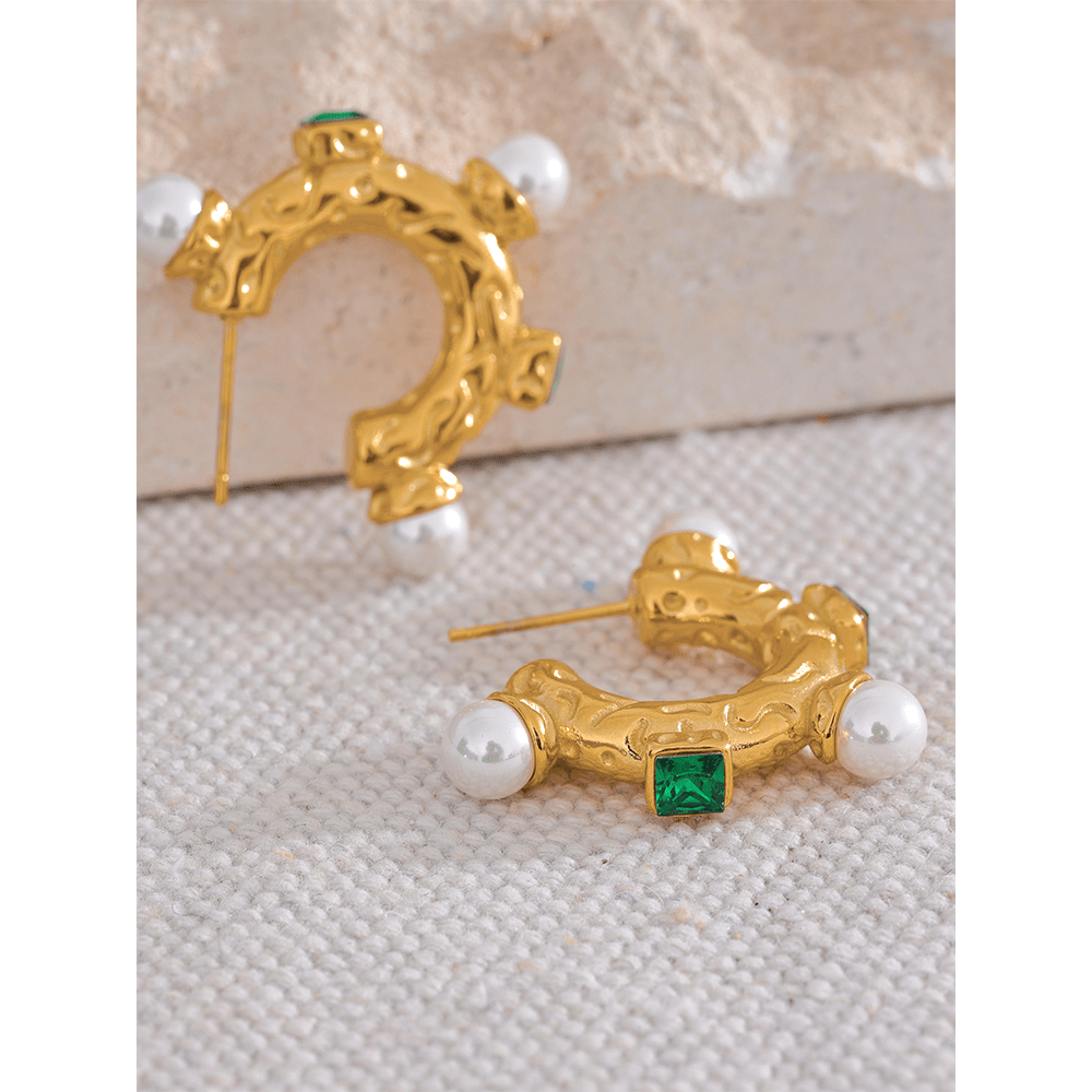 YH073A JINYOU 073 Stainless Steel Imitation Pearl Green Cubic Zirconia Hoop Earrings for Women 18K PVD Plated Vintage Fashion Jewelry