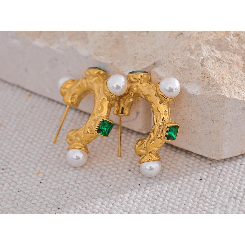 YH073A JINYOU 073 Stainless Steel Imitation Pearl Green Cubic Zirconia Hoop Earrings for Women 18K PVD Plated Vintage Fashion Jewelry