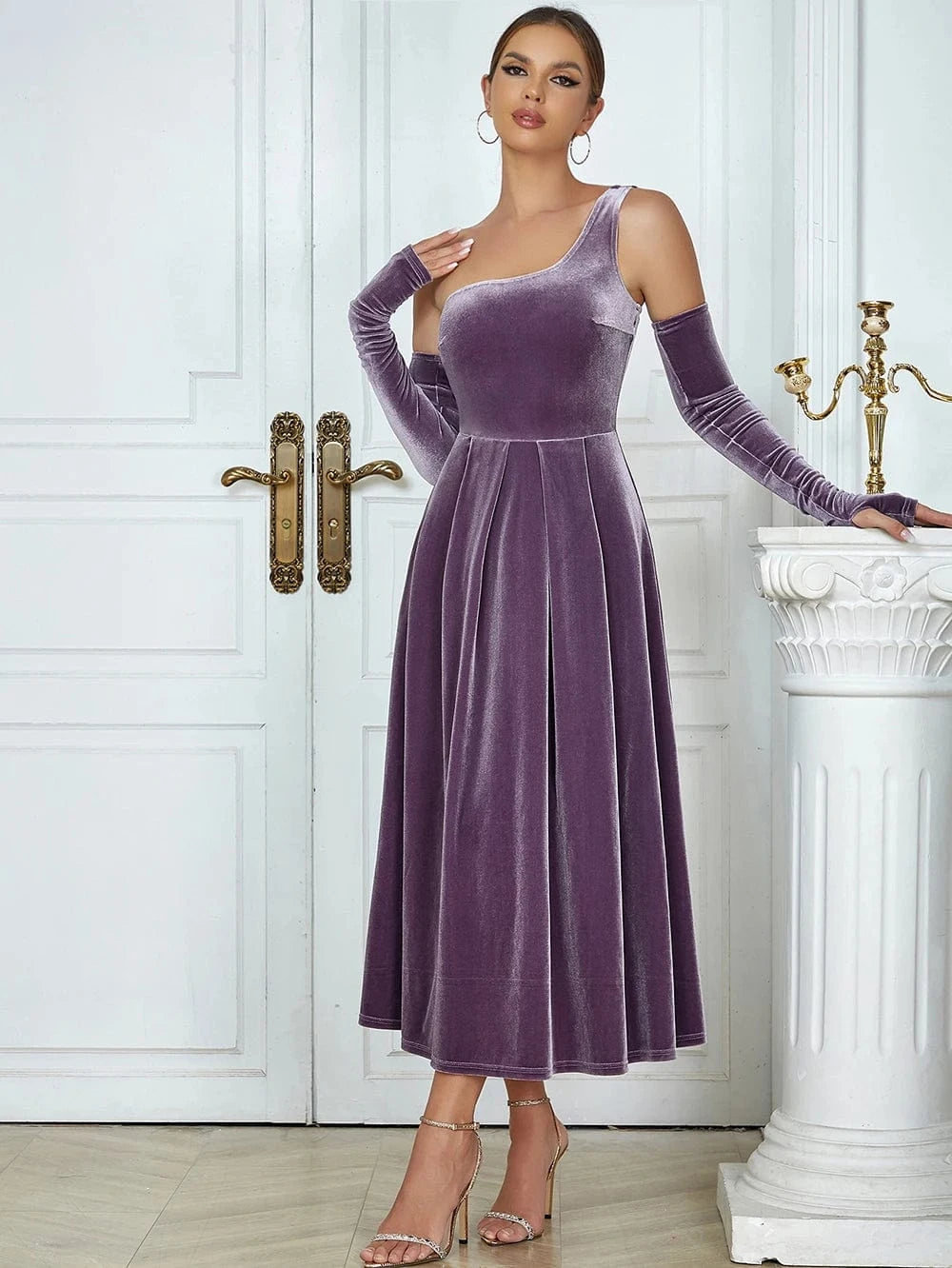 YHB0345 New Single Shoulder Pleat Velvet Elegant Woman Dresses Fashion Party Ball Gowns High Quality Sexy Purple Evening Dress