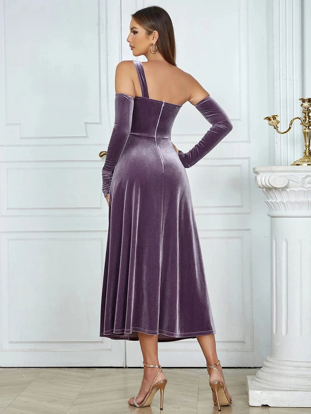 YHB0345 New Single Shoulder Pleat Velvet Elegant Woman Dresses Fashion Party Ball Gowns High Quality Sexy Purple Evening Dress
