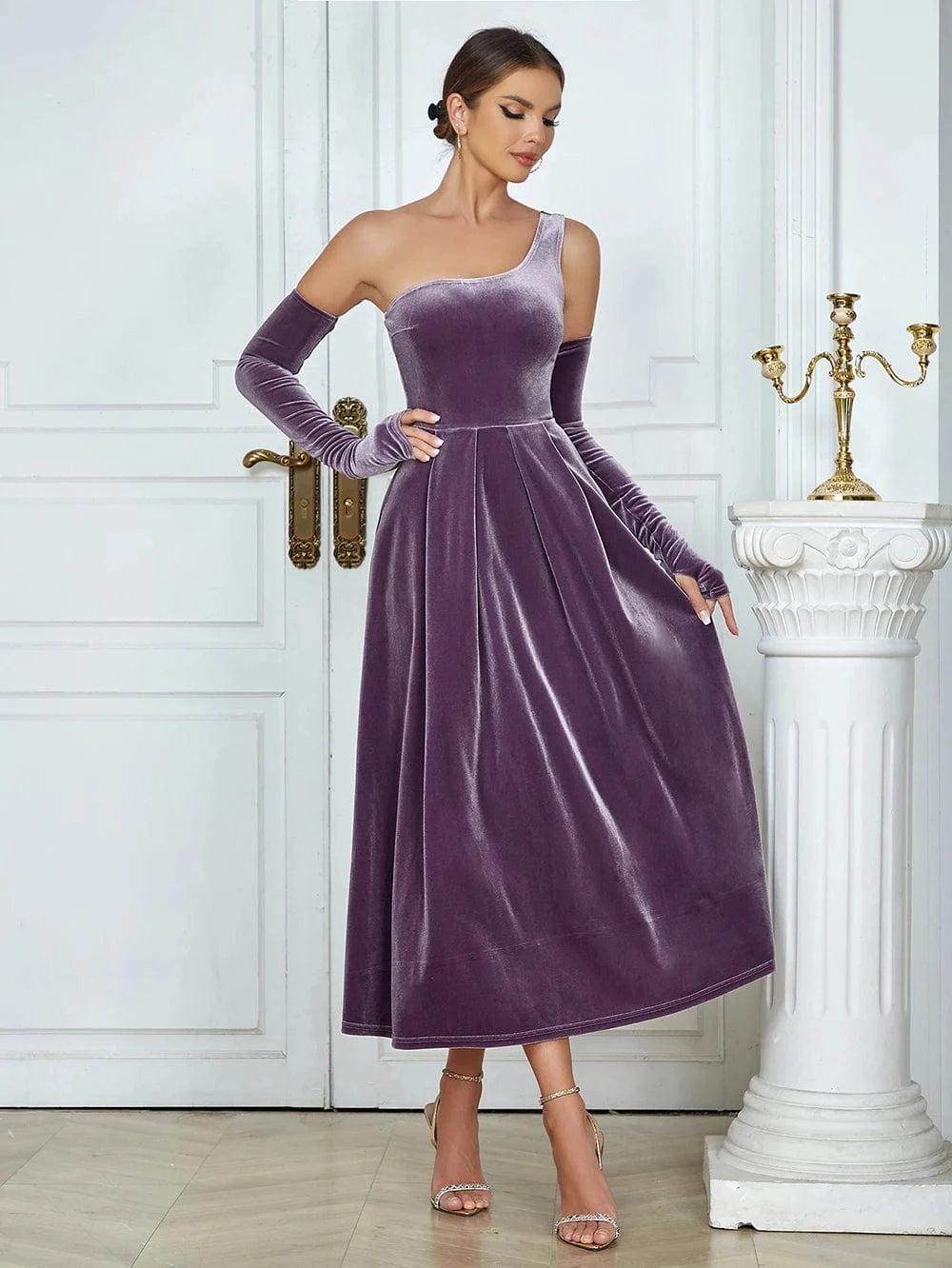 YHB0345 New Single Shoulder Pleat Velvet Elegant Woman Dresses Fashion Party Ball Gowns High Quality Sexy Purple Evening Dress