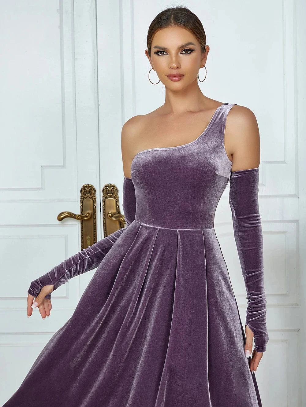 YHB0345 New Single Shoulder Pleat Velvet Elegant Woman Dresses Fashion Party Ball Gowns High Quality Sexy Purple Evening Dress