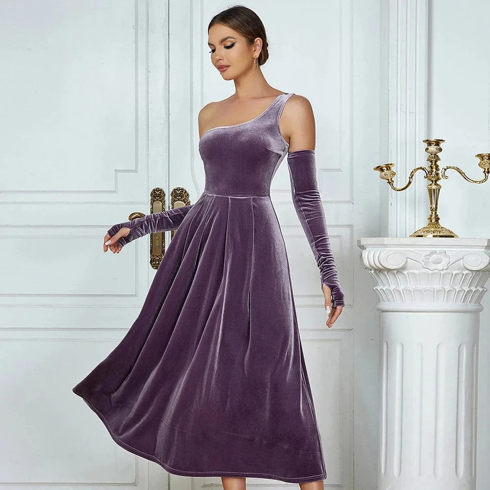 YHB0345 New Single Shoulder Pleat Velvet Elegant Woman Dresses Fashion Party Ball Gowns High Quality Sexy Purple Evening Dress