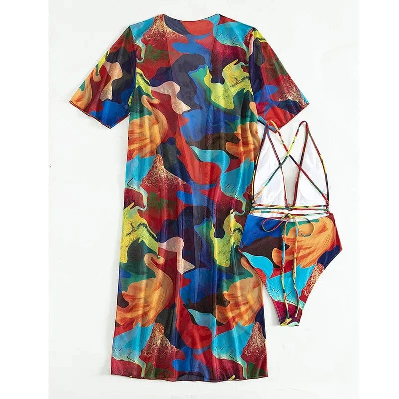 YILIMI Mature women sexy bathing suit tie-dye print bodysuit swimwear with beach cover ups dress