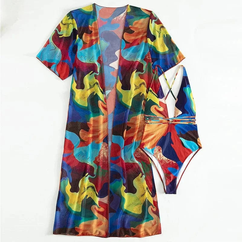 YILIMI Mature women sexy bathing suit tie-dye print bodysuit swimwear with beach cover ups dress