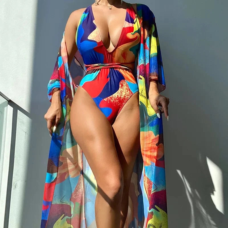 YILIMI Mature women sexy bathing suit tie-dye print bodysuit swimwear with beach cover ups dress