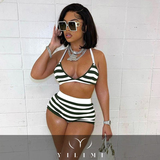 YILIMI Sexy Bikini Two Piece Shorts Set Stripe Print Beachwear Women Casual Short Pants Two Piece Set Swimsuit