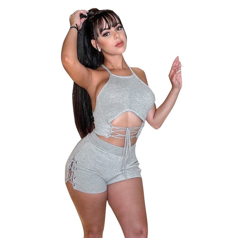 YILIMI Sleeveless Halter Crop Top Solid Color Hot Shorts Casual Activewear Hollow Out Two Piece Set Women Clothes
