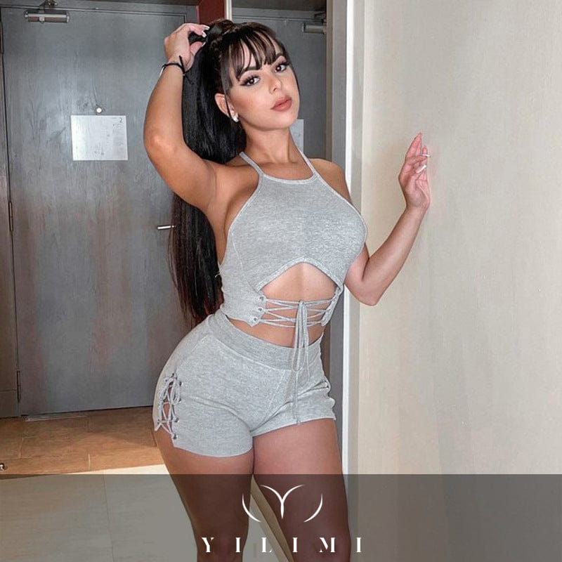 YILIMI Sleeveless Halter Crop Top Solid Color Hot Shorts Casual Activewear Hollow Out Two Piece Set Women Clothes