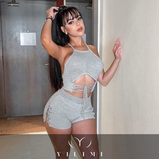 YILIMI Sleeveless Halter Crop Top Solid Color Hot Shorts Casual Activewear Hollow Out Two Piece Set Women Clothes