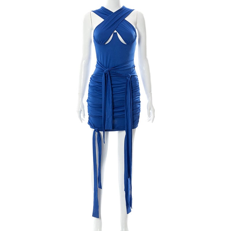 YILIMI Women Clothing Bandage Sexy Cross Design Blue Fold Mesh Bodycon Mini Dress