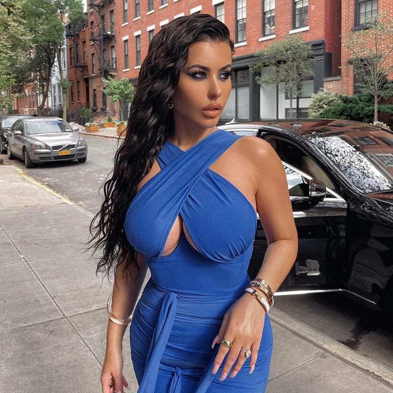YILIMI Women Clothing Bandage Sexy Cross Design Blue Fold Mesh Bodycon Mini Dress