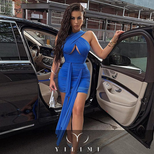 YILIMI Women Clothing Bandage Sexy Cross Design Blue Fold Mesh Bodycon Mini Dress