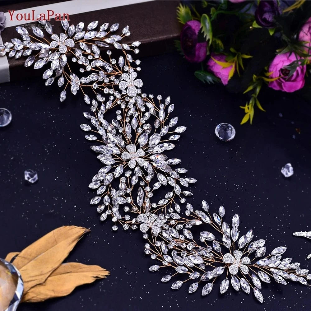Yolapan HP390 Luxurious Long Hair Vine Gold Silver Rhinestone Flowers Women Headbands Wedding Bridal Hair Accessories