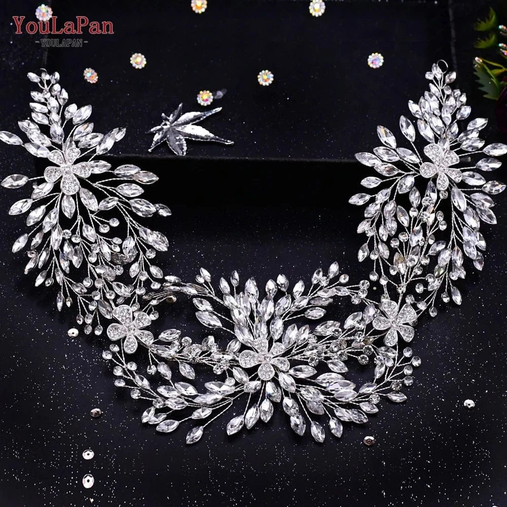 Yolapan HP390 Luxurious Long Hair Vine Gold Silver Rhinestone Flowers Women Headbands Wedding Bridal Hair Accessories