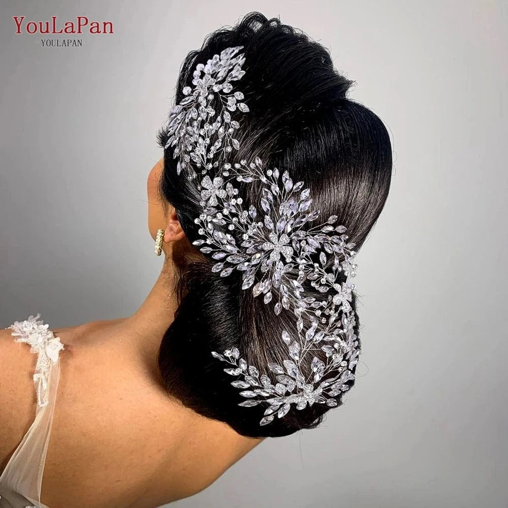 Yolapan HP390 Luxurious Long Hair Vine Gold Silver Rhinestone Flowers Women Headbands Wedding Bridal Hair Accessories
