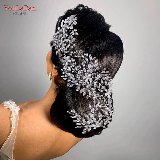 Yolapan HP390 Luxurious Long Hair Vine Gold Silver Rhinestone Flowers Women Headbands Wedding Bridal Hair Accessories