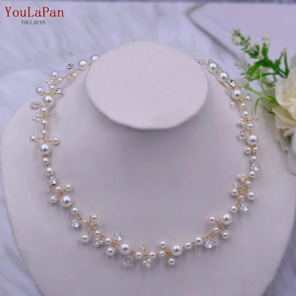YouLaPan HP03 Fairy Pearl Headband Gold Silver Beads Organza Ribbon Hair Vine Girls Women Daily Party Wedding Hair Accessories