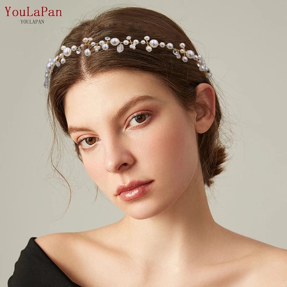 YouLaPan HP03 Fairy Pearl Headband Gold Silver Beads Organza Ribbon Hair Vine Girls Women Daily Party Wedding Hair Accessories