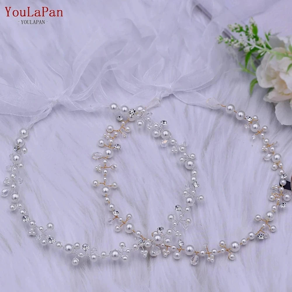 YouLaPan HP03 Fairy Pearl Headband Gold Silver Beads Organza Ribbon Hair Vine Girls Women Daily Party Wedding Hair Accessories