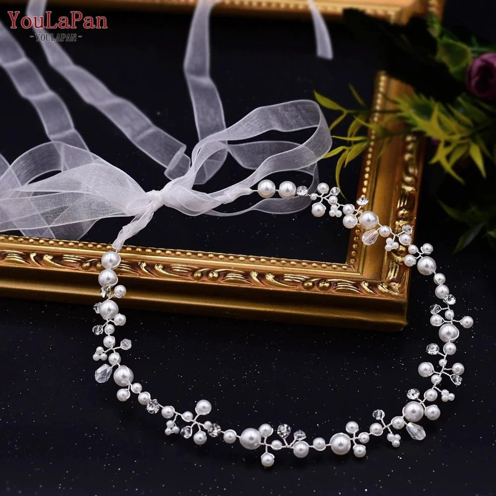 YouLaPan HP03 Fairy Pearl Headband Gold Silver Beads Organza Ribbon Hair Vine Girls Women Daily Party Wedding Hair Accessories