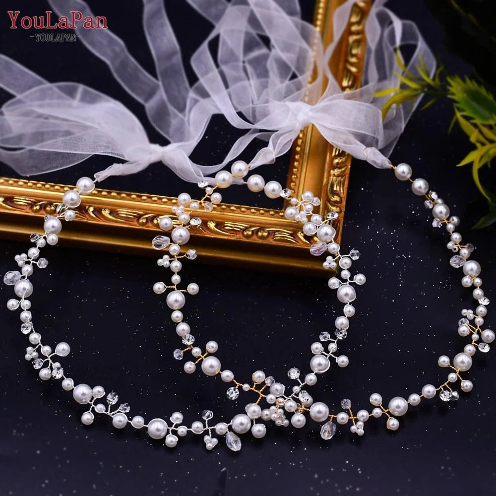 YouLaPan HP03 Fairy Pearl Headband Gold Silver Beads Organza Ribbon Hair Vine Girls Women Daily Party Wedding Hair Accessories
