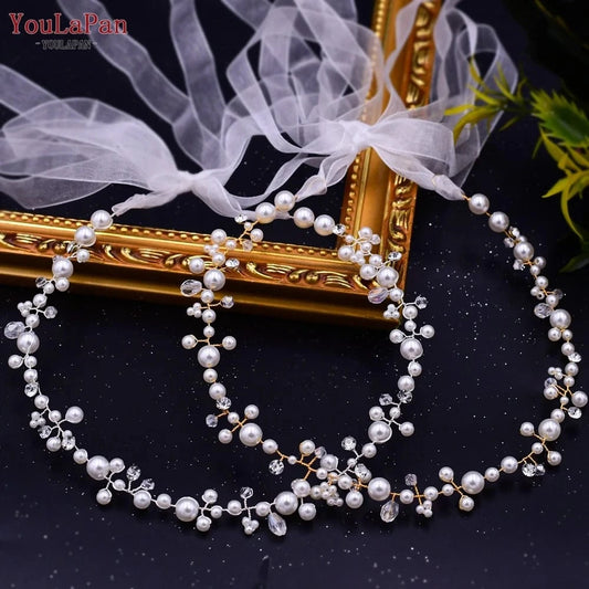YouLaPan HP03 Fairy Pearl Headband Gold Silver Beads Organza Ribbon Hair Vine Girls Women Daily Party Wedding Hair Accessories