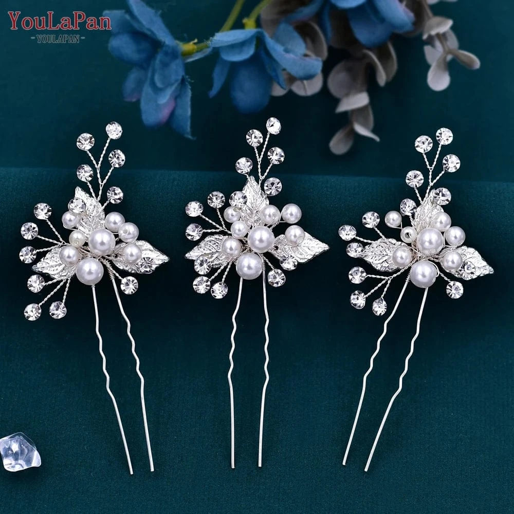 YouLaPan HP133 Alloy Leaf Rhinestone Headwear Wedding Banquet Woman Hair Accessories Bridal Bridesmaid Hair Fork Set