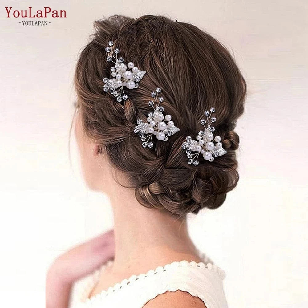 YouLaPan HP133 Alloy Leaf Rhinestone Headwear Wedding Banquet Woman Hair Accessories Bridal Bridesmaid Hair Fork Set