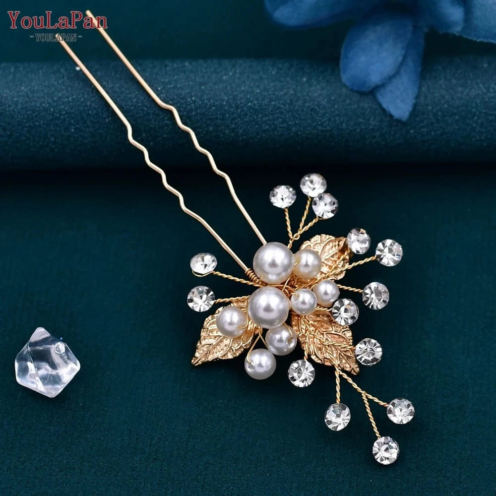 YouLaPan HP133 Alloy Leaf Rhinestone Headwear Wedding Banquet Woman Hair Accessories Bridal Bridesmaid Hair Fork Set