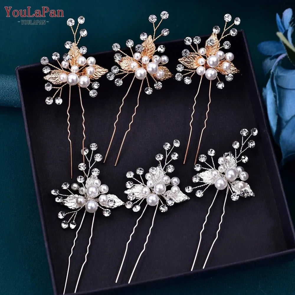YouLaPan HP133 Alloy Leaf Rhinestone Headwear Wedding Banquet Woman Hair Accessories Bridal Bridesmaid Hair Fork Set